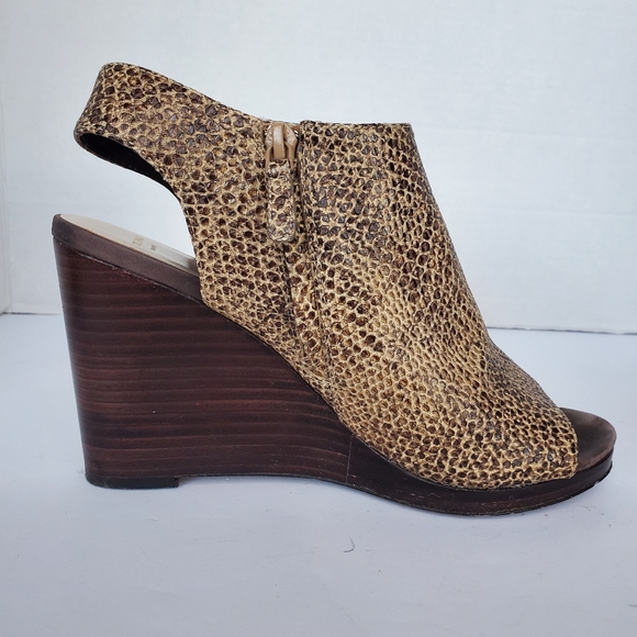 COLE HAAN Brown Snake Leather Peep Toe Bootie Wedge size 8.5 - Picture 2 of 16